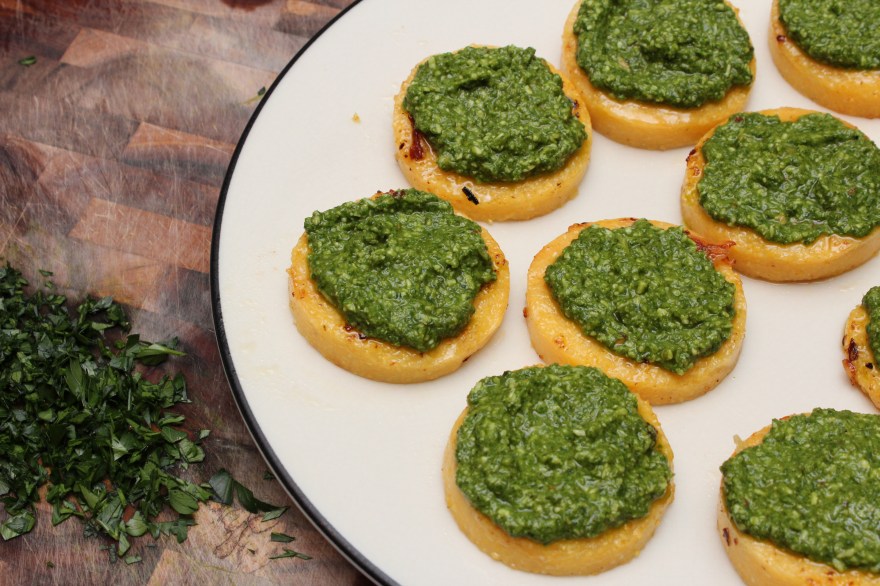 Shrimp & Pesto Polenta Cakes